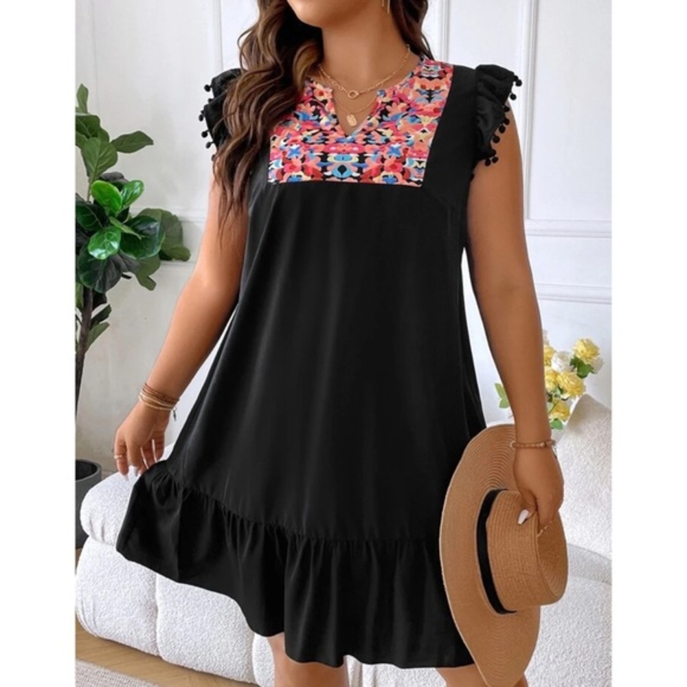 Floral Embroidered Pom Pom Sleeve Shift Dress NEW!